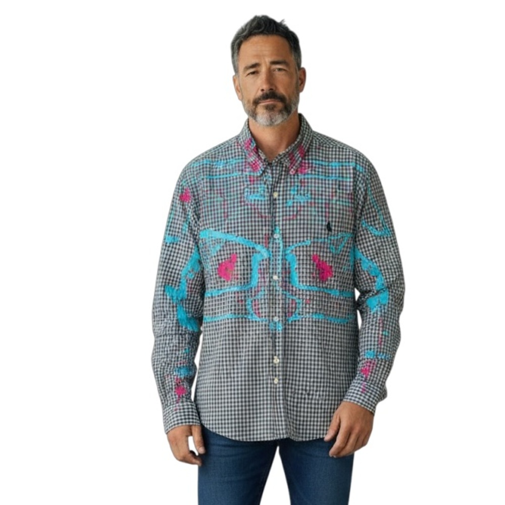 Ralph Lauren Men's Custom Painted Upcycled Button Down Checkered Large Shirt